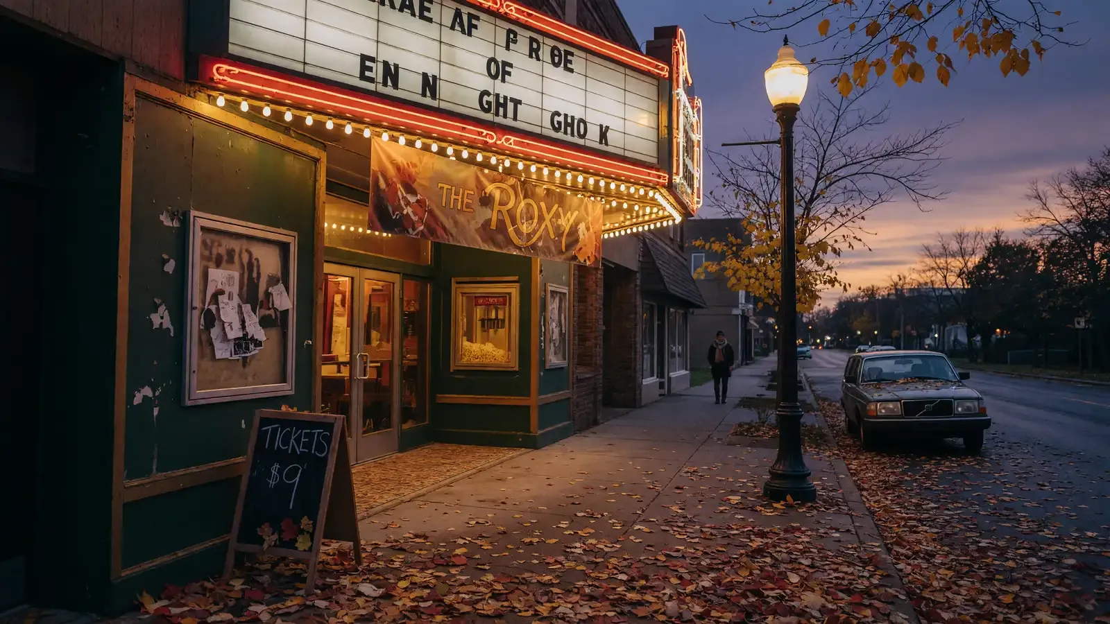 A small independent movie theater marquee at dusk with fallen leaves on the sidewalk.