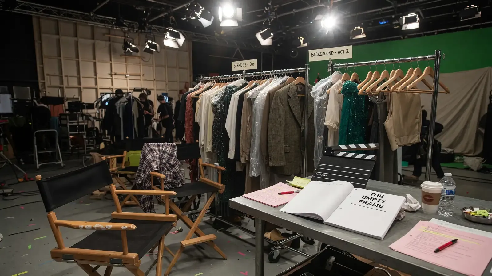 A film set with director chairs and costume racks under studio lights, a blank script on a table.