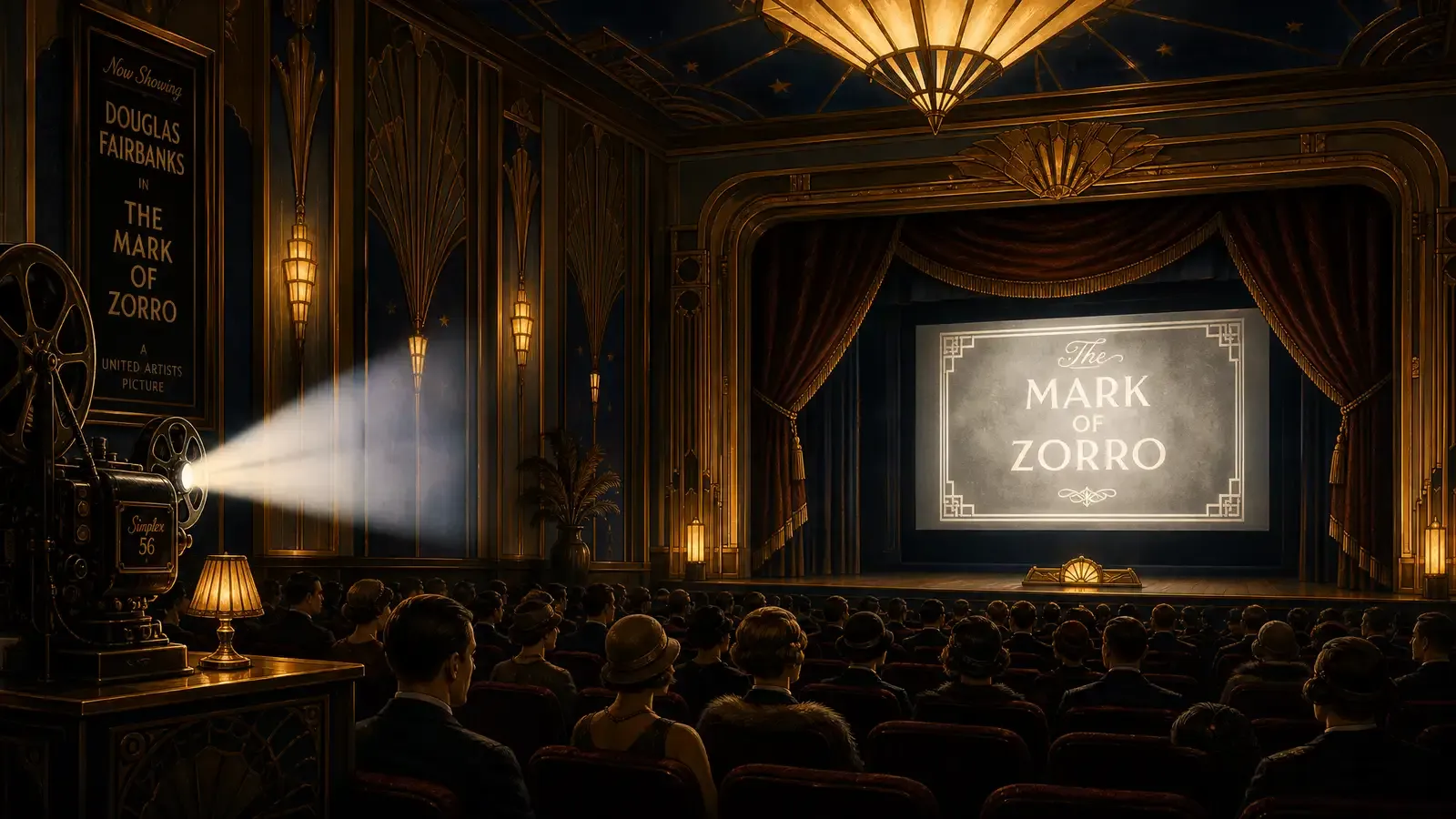 Editorial illustration of Minions dressed in 1920s Hollywood attire on a vintage film set, with a classic movie camera and old Hollywood lighting, warm sepia tones with pops of Minion yellow