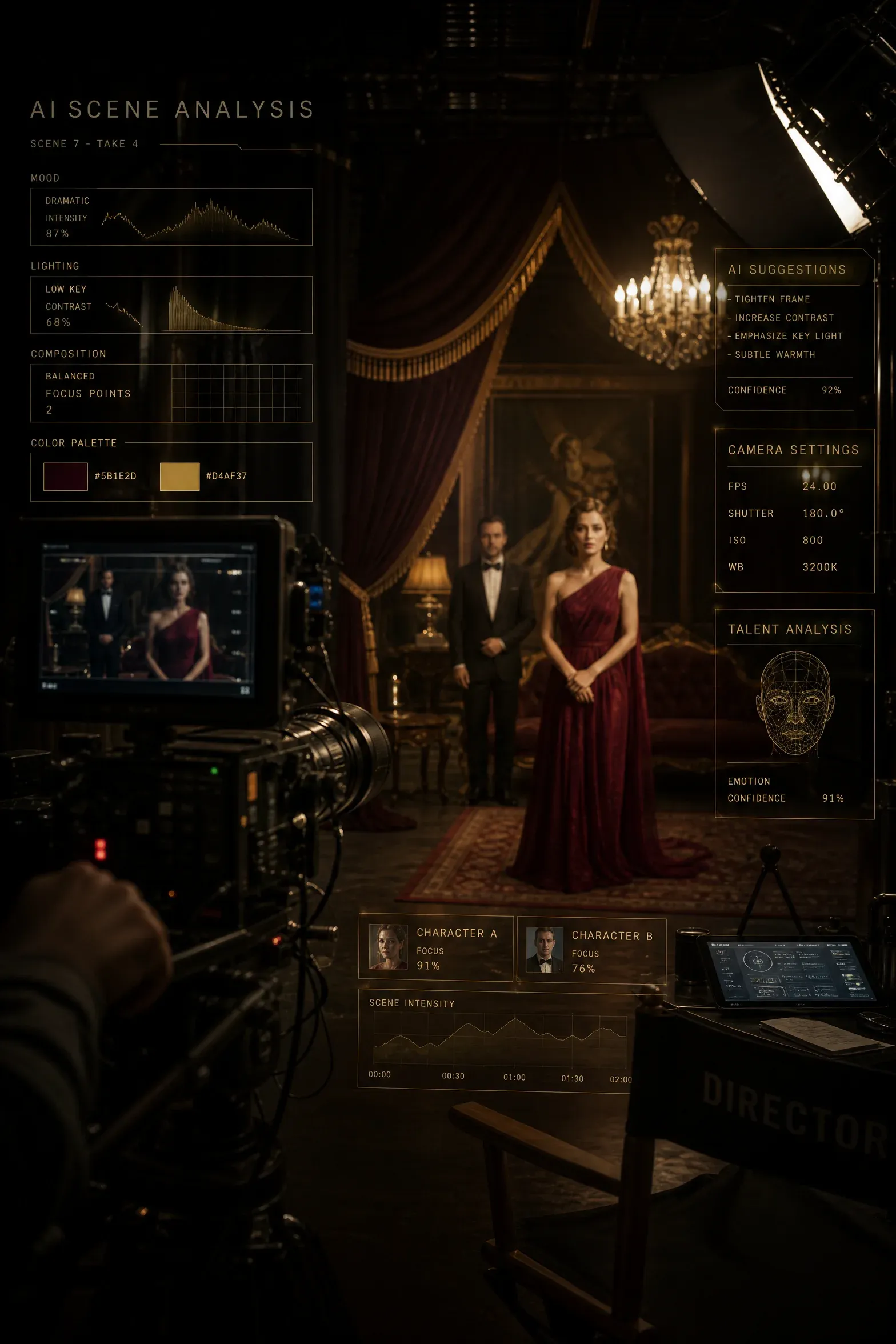 A cinematic film set with digital overlays representing AI technology, dark moody lighting with gold and burgundy accents