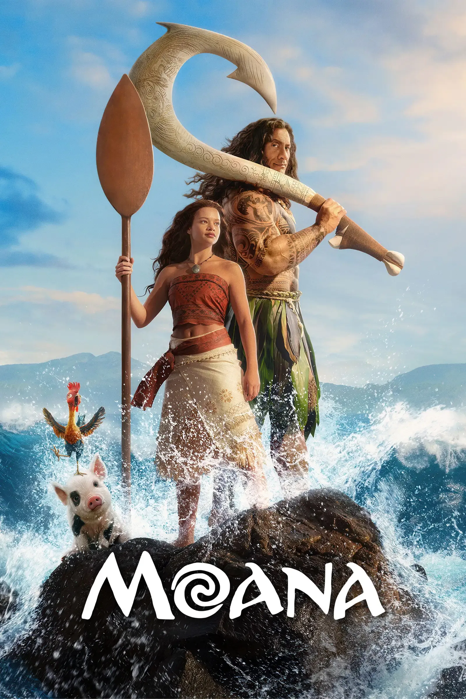 Catherine Laga'aia as Moana standing on a tropical beach at sunset, holding an oar, with the vast ocean stretching behind her under golden light