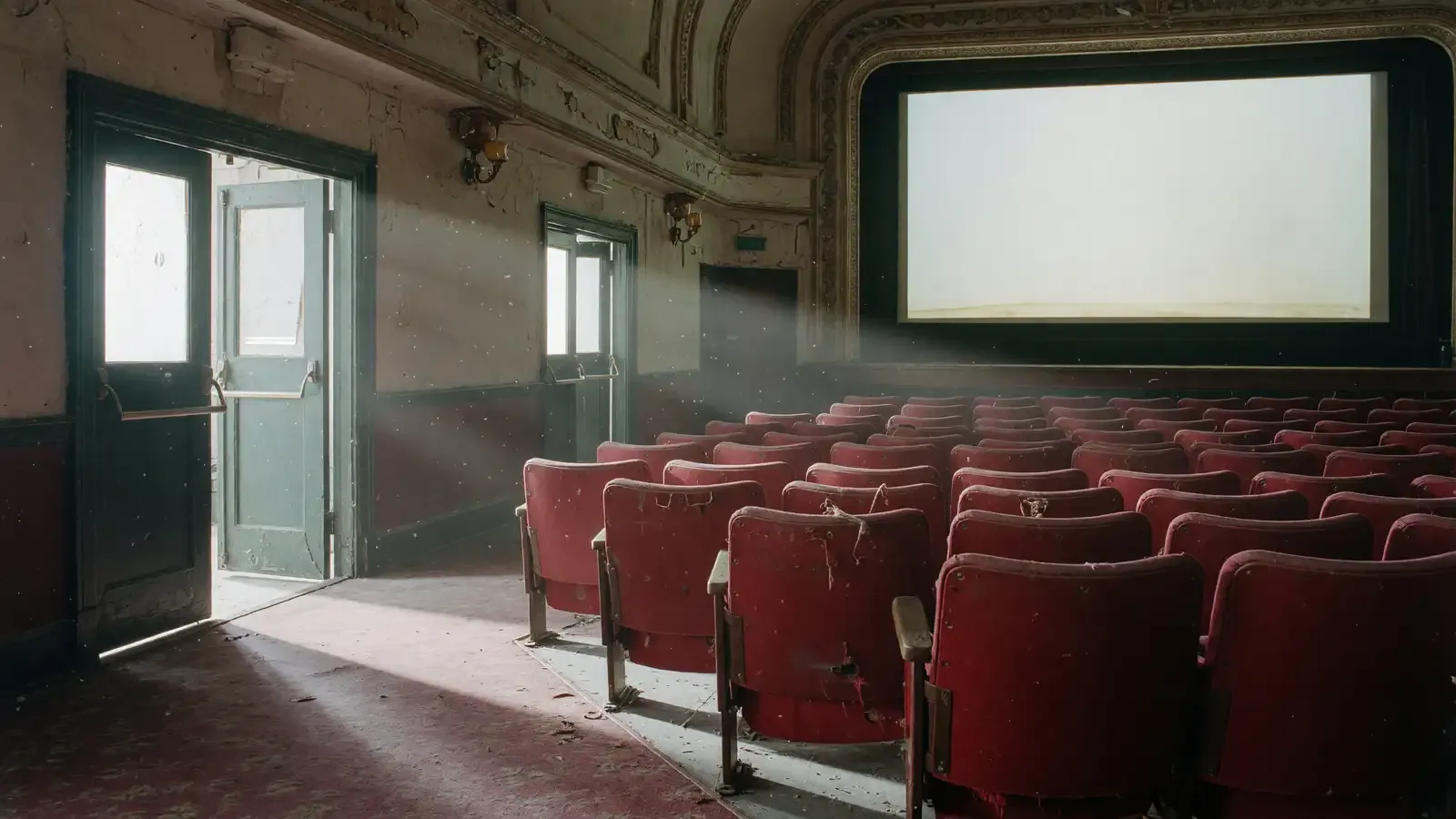 Empty festival screening hall with red seats and a lit white screen, morning light through side doors, no logos.