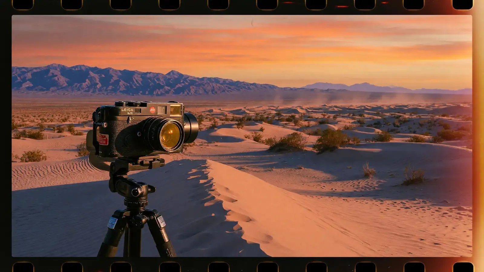 A 35mm film camera on a tripod at golden hour overlooking a vast desert landscape.