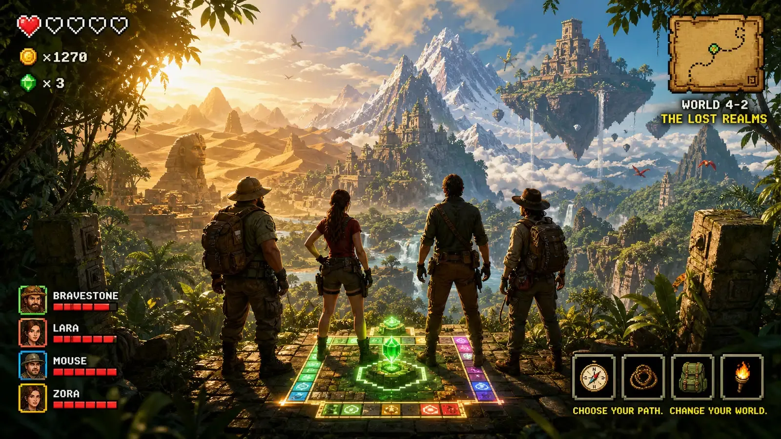 Dwayne Johnson, Kevin Hart, Jack Black, and Karen Gillan standing in a video game jungle landscape with pixelated UI elements overlaid, cinematic poster style with warm tropical lighting and adventure-movie color grading