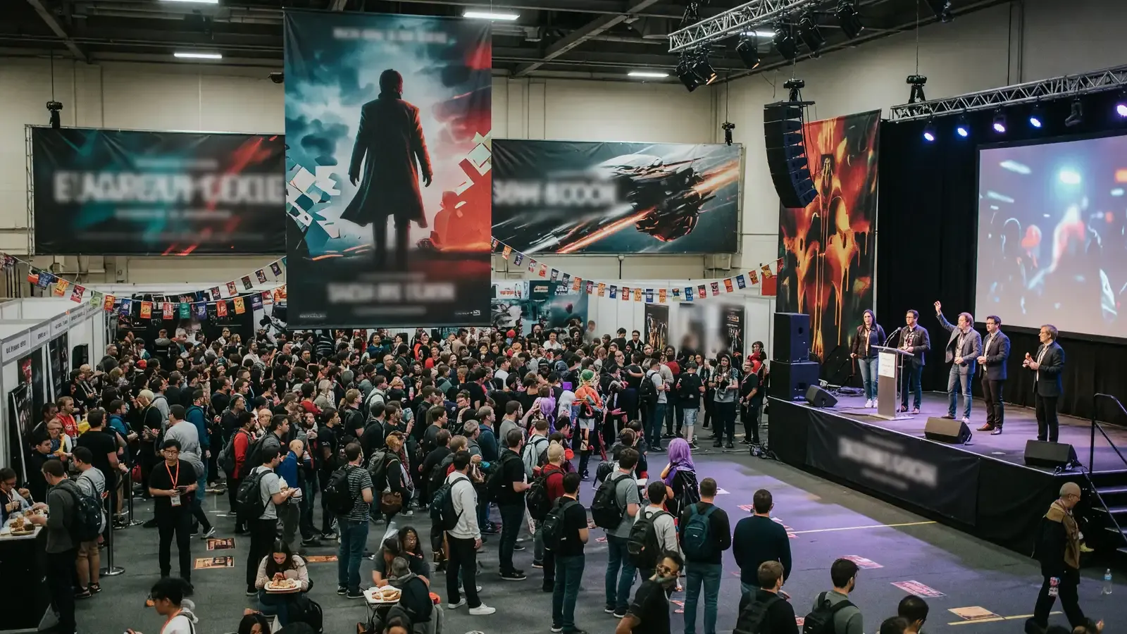 A crowded indoor entertainment expo hall with movie banners and a lit stage.