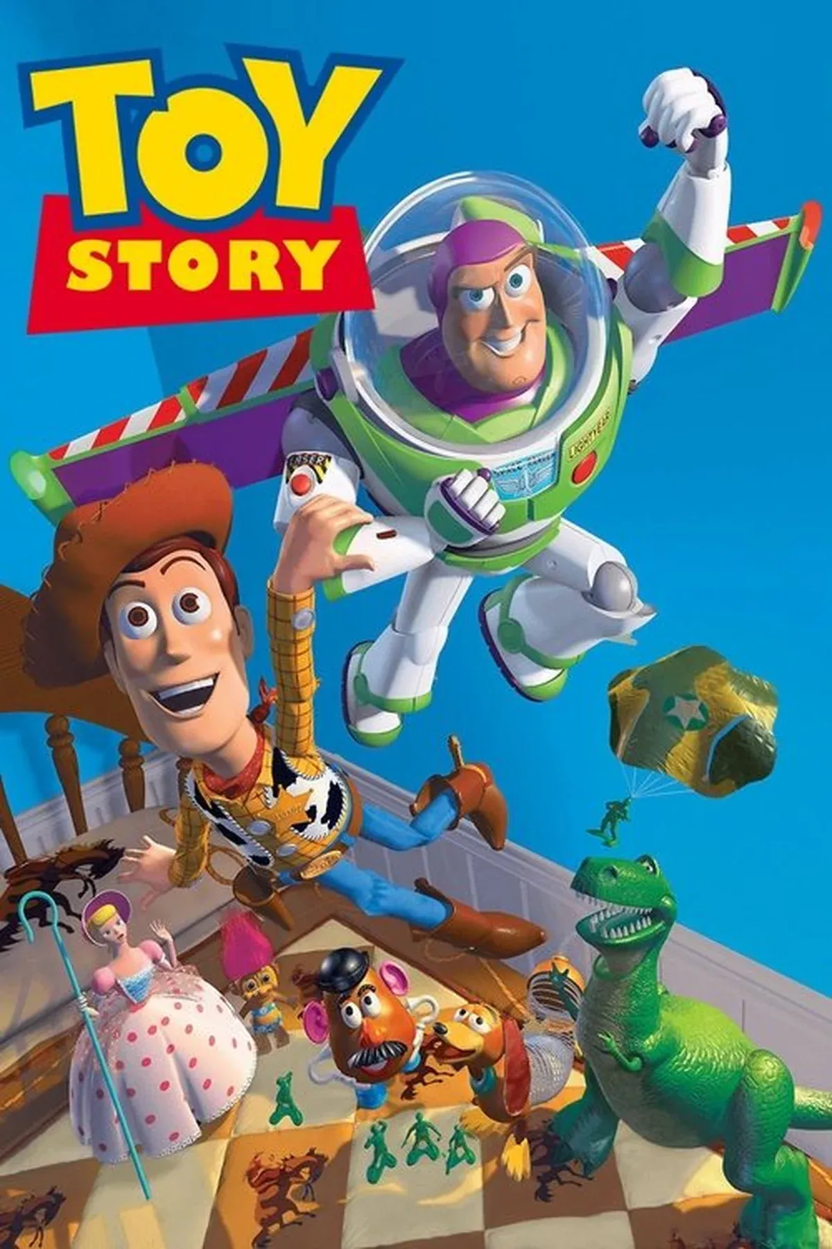 A timeline visualization showing Toy Story movie posters from 1995 to 2026 arranged chronologically with revenue bars growing alongside each release