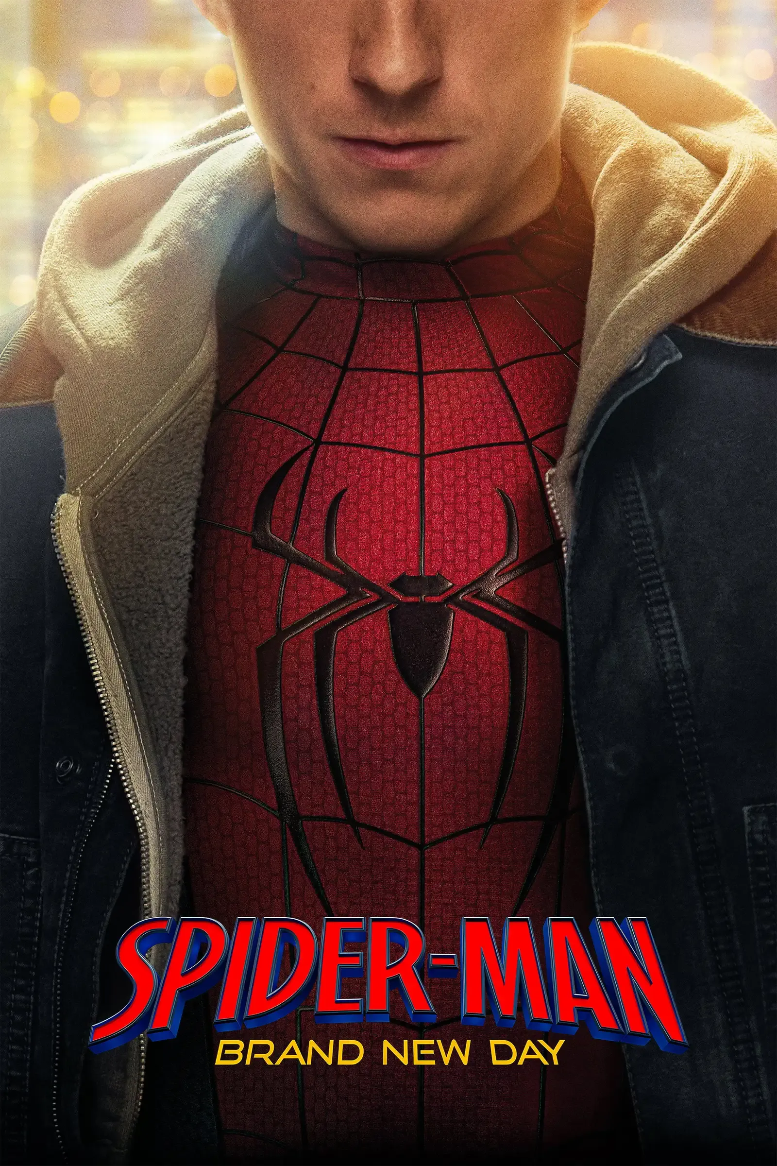 Tom Holland as Spider-Man in the Brand New Day trailer, shooting organic webbing from his wrists in a city street scene
