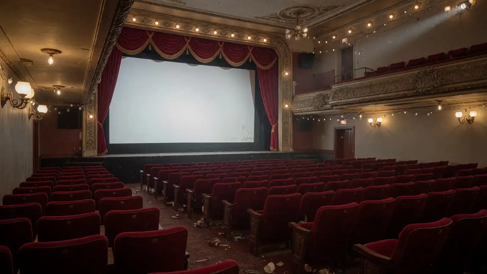 Empty Venice screening hall after the house lights come up, red seats and a blank white screen, no titles or logos.