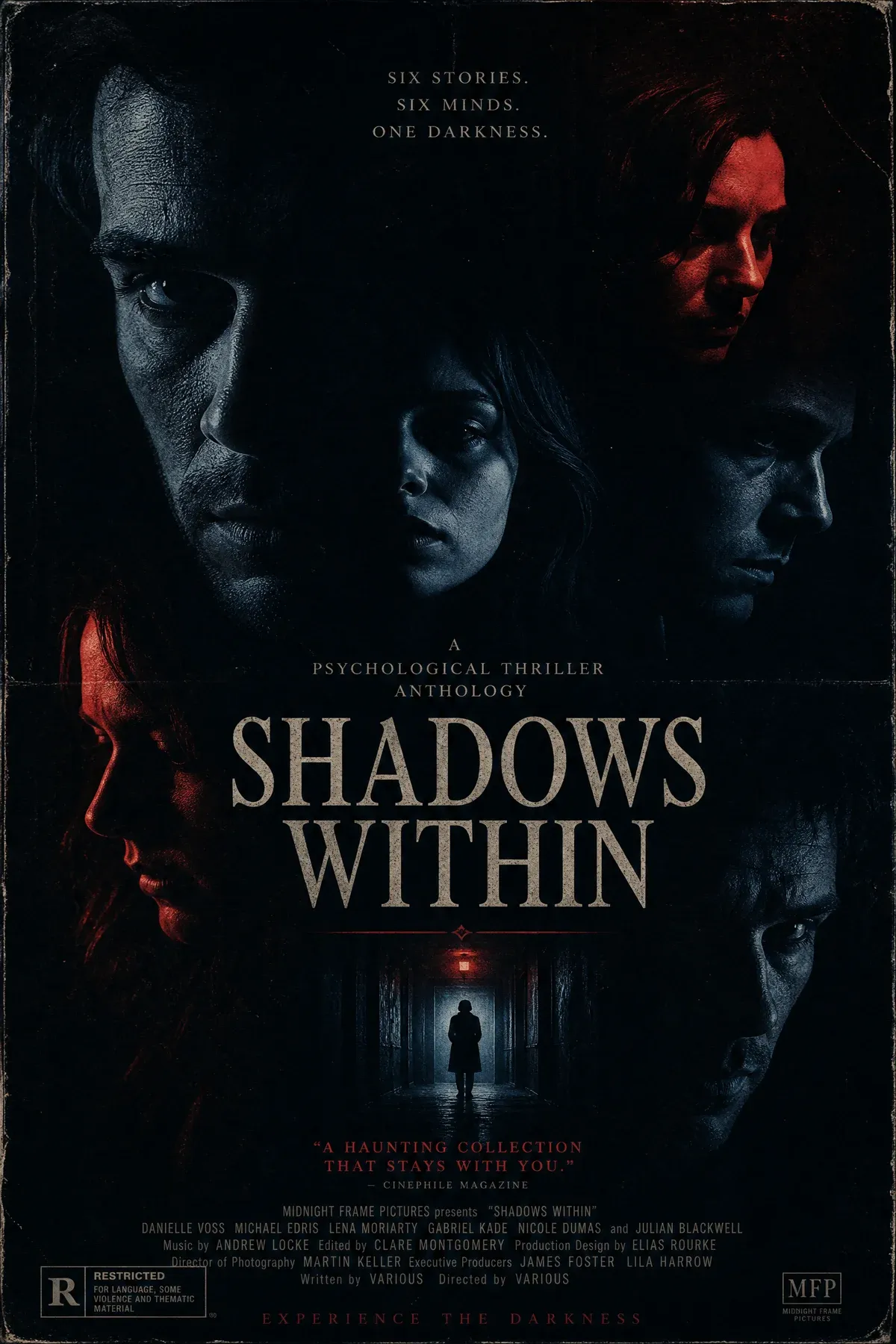 A moody film still showing shadowy silhouettes in an abandoned theater hallway