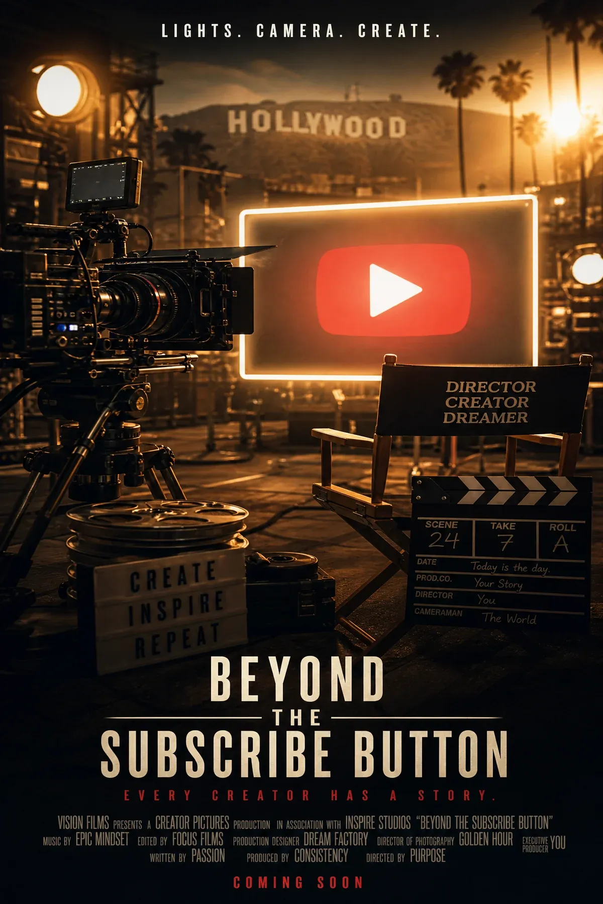 A movie theater screen showing a YouTube play button icon transforming into film reels, with audience silhouettes in the foreground bathed in golden light