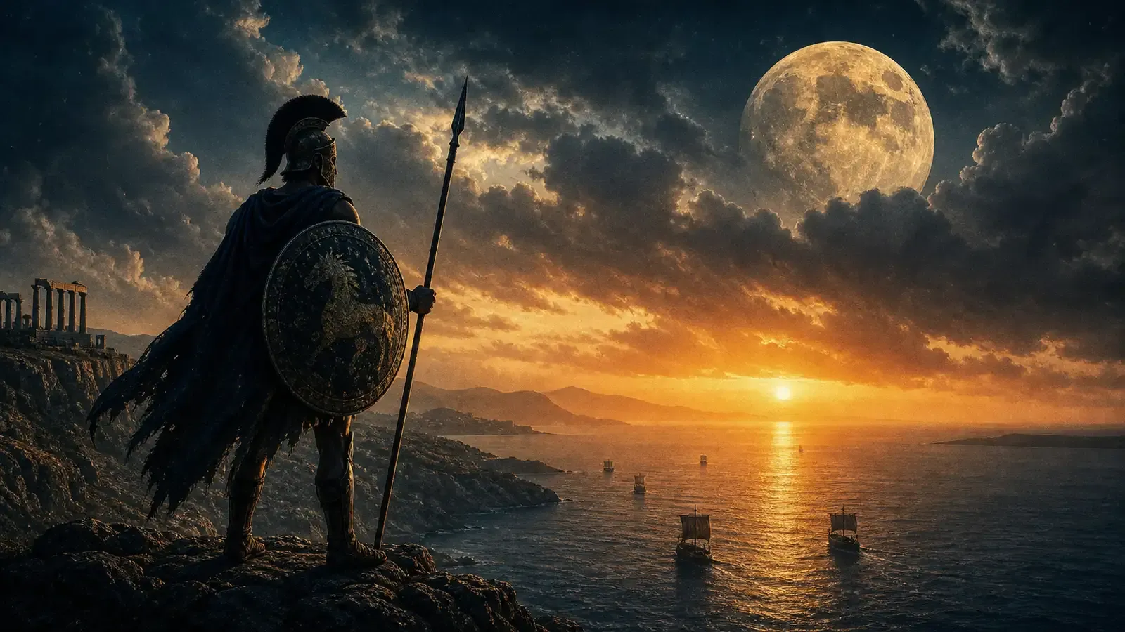 Dramatic cinematic illustration of an ancient Greek warrior silhouette against a golden Mediterranean sunset, with a theater marquee overlay suggesting an epic movie event