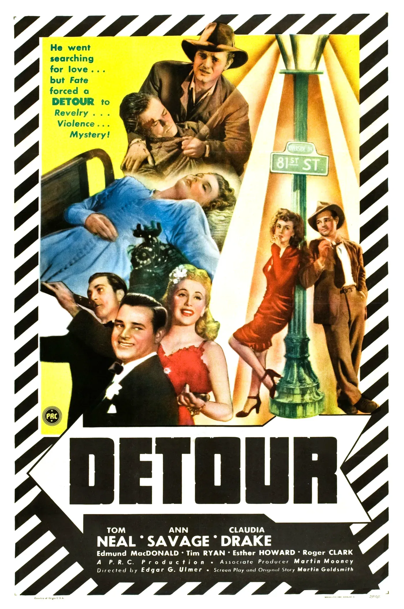 Original 1945 theatrical poster for Detour featuring Tom Neal and Ann Savage in stark noir imagery