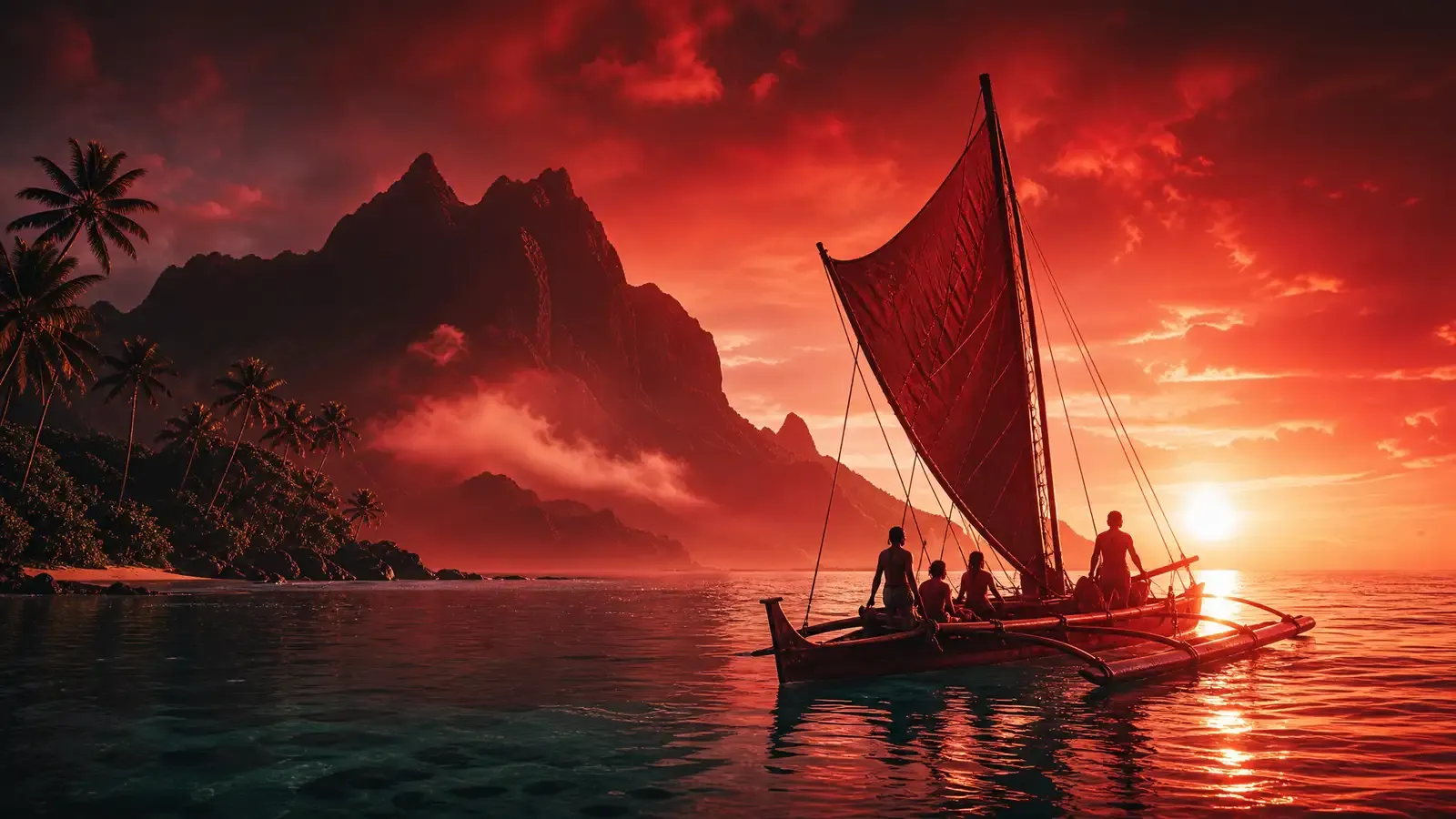 Catherine Laga'aia as Moana standing on a tropical beach at sunset, holding an oar, with the vast ocean stretching behind her under golden light