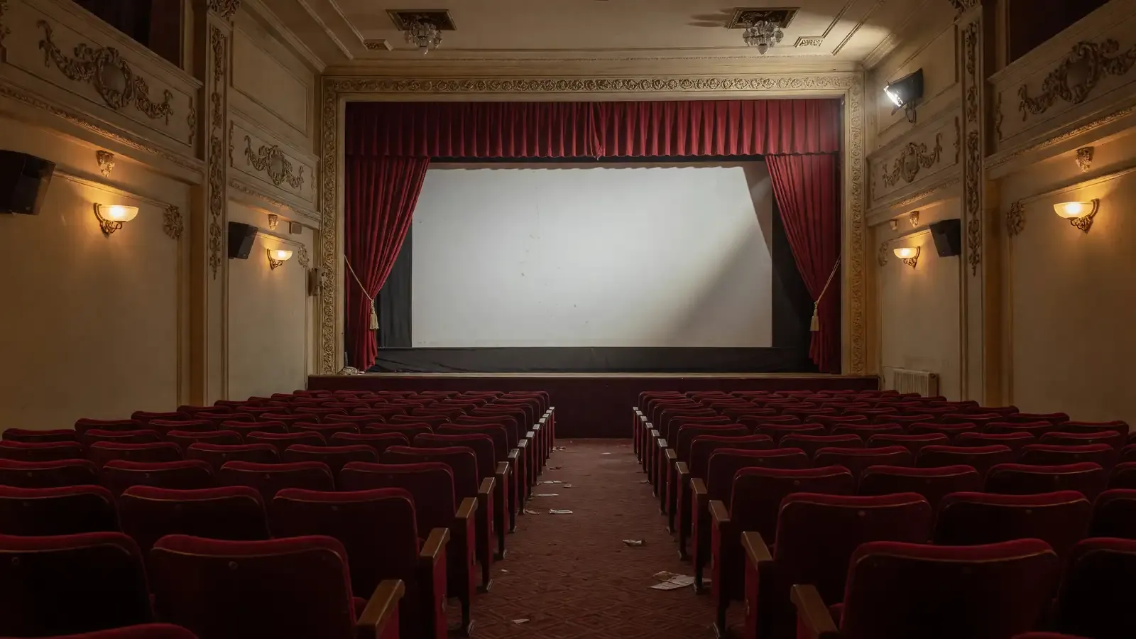Empty festival screening hall with red seats and a blank white screen, house lights low, no titles or logos.