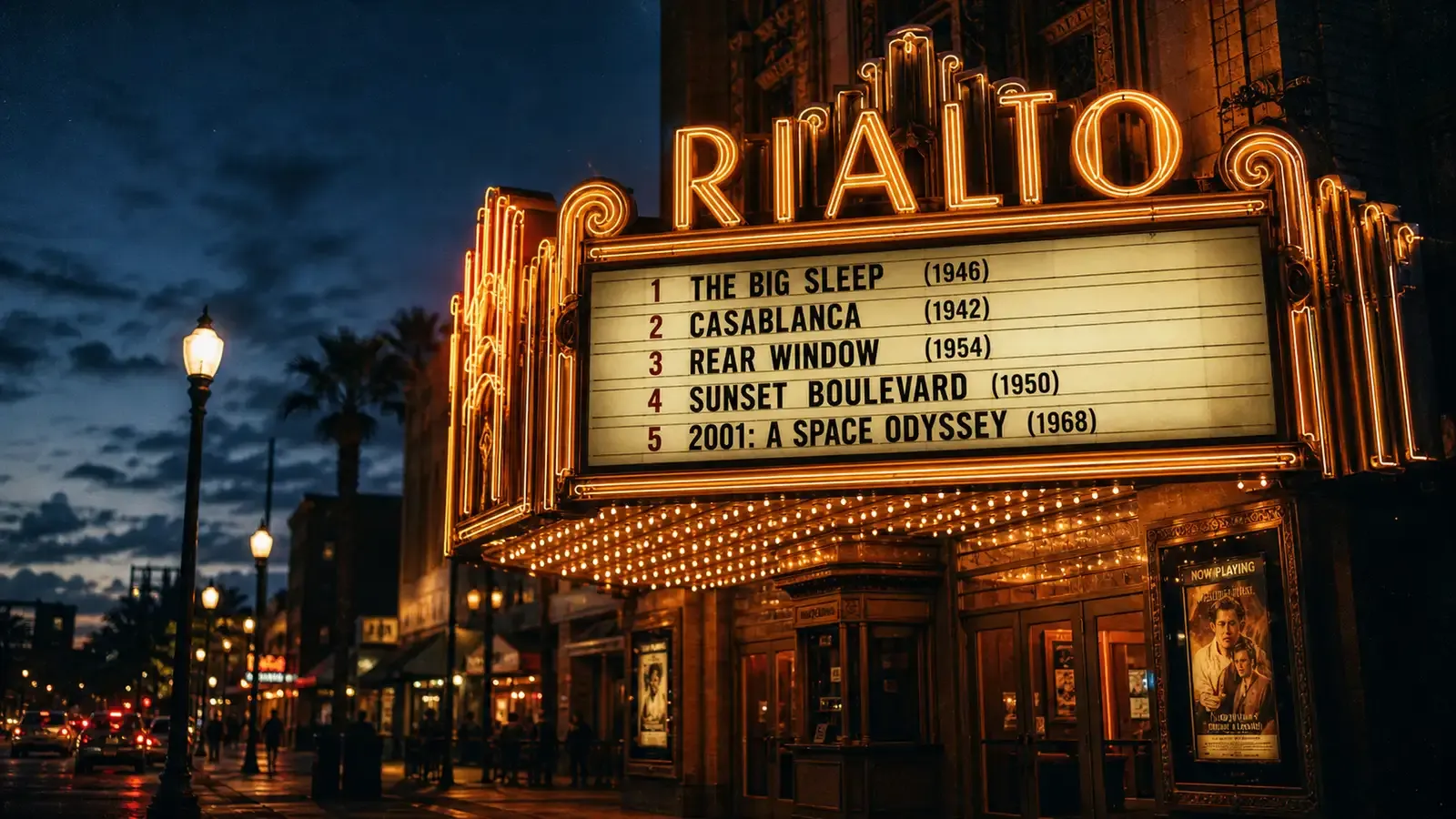 Vintage movie theater marquee with five film titles illuminated in warm neon light against a dark evening sky