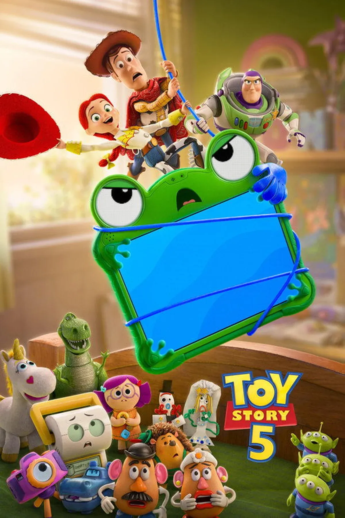 Woody and Buzz Lightyear standing together in a modern, tech-filled room, Pixar animation style