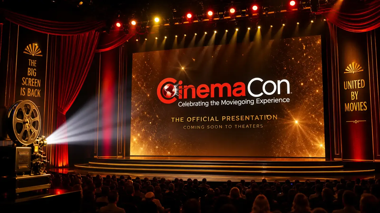 CinemaCon 2026 stage at Caesars Palace with studio logos on screen