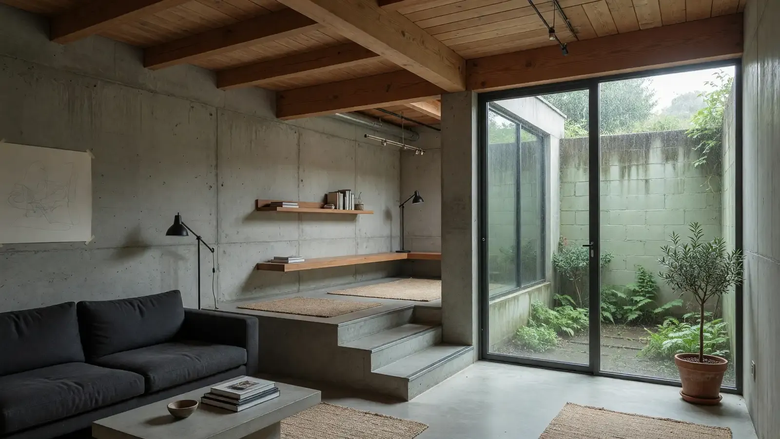 Modern split-level living room with concrete walls and a garden door, overcast daylight, no people, no logos.