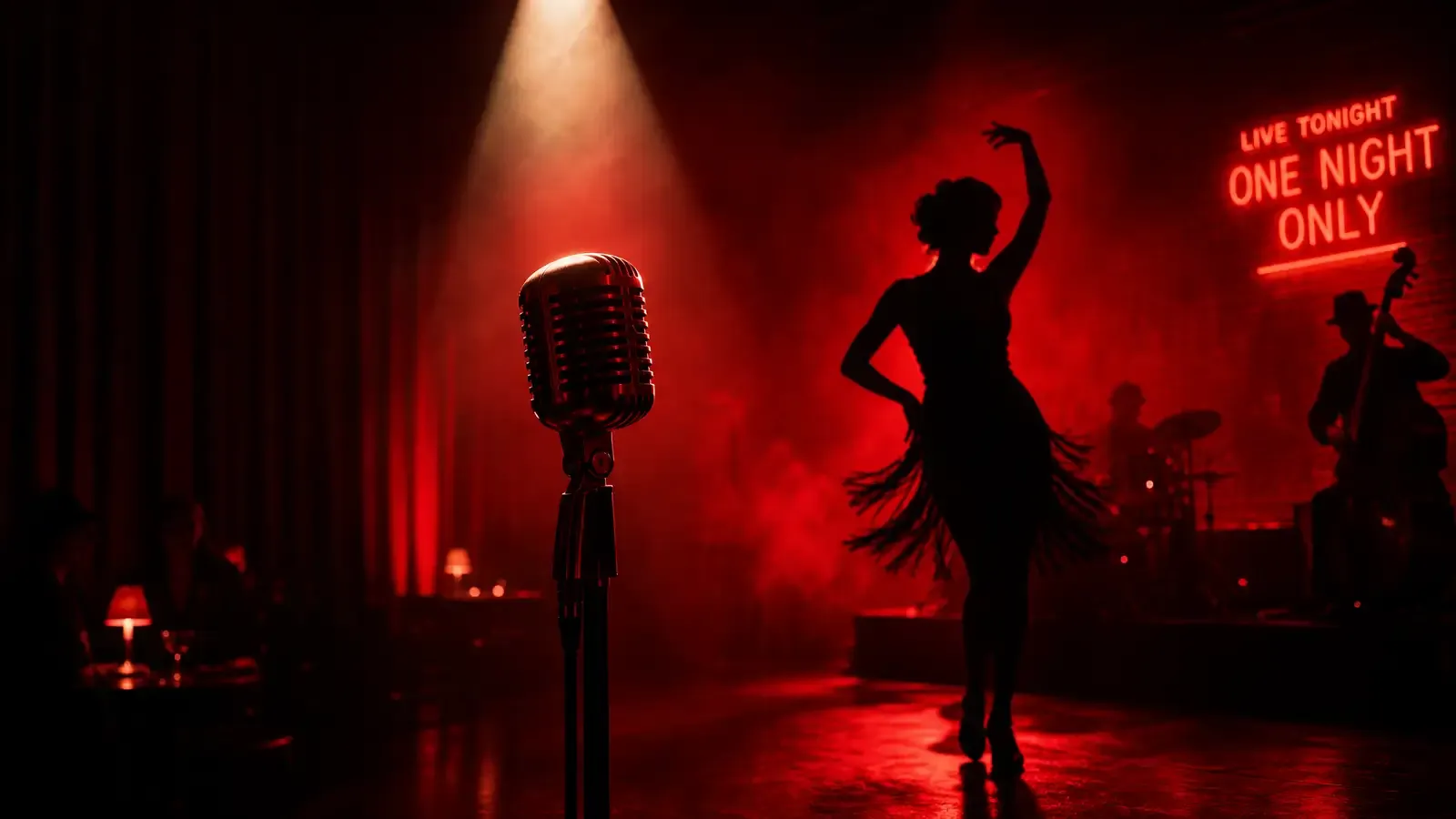 A golden microphone standing center stage with spotlight beams, surrounded by faded silhouettes of a packed concert arena