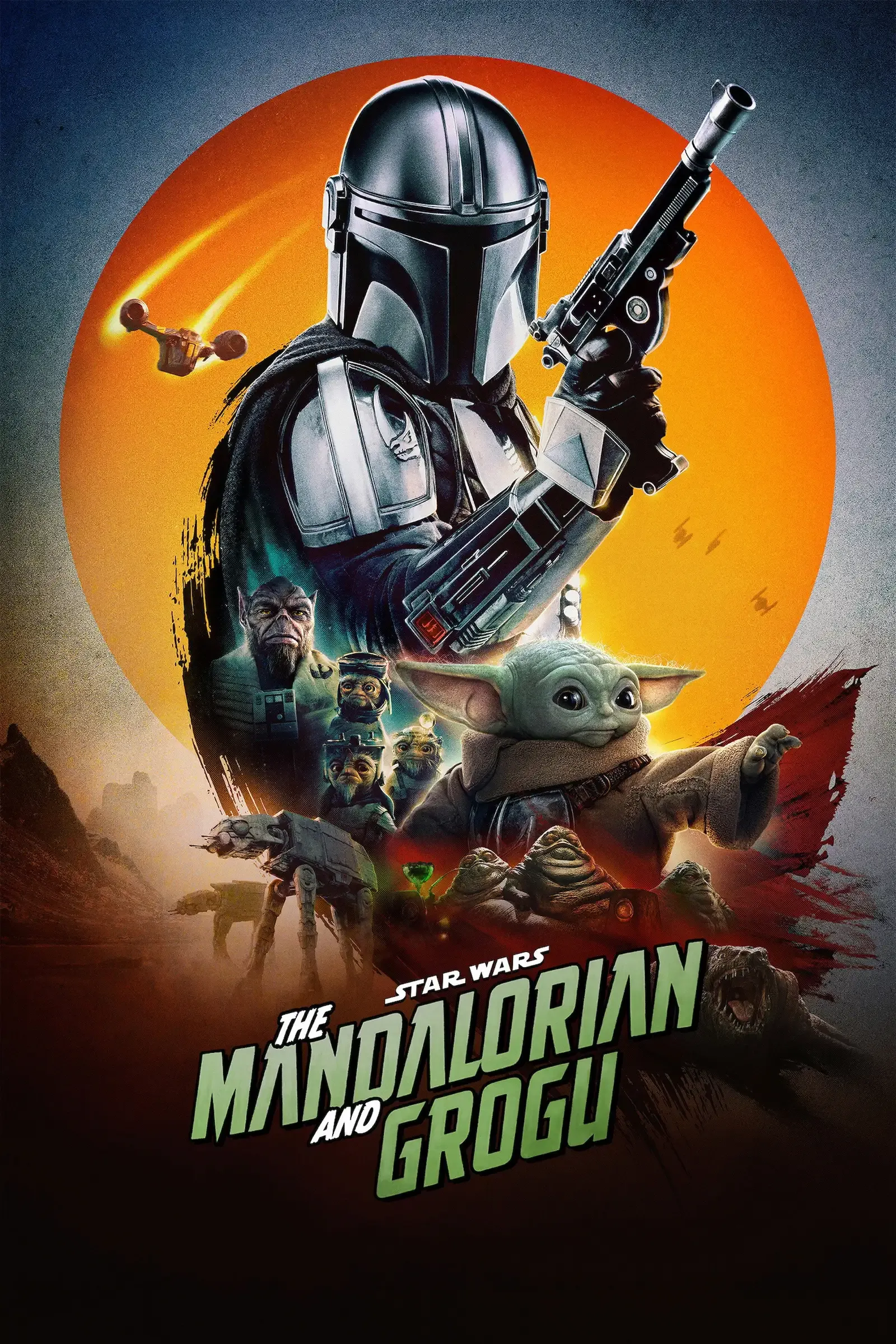 Mandalorian and Grogu standing together in a desert landscape, the Mandalorian in silver Beskar armor holding Grogu, who wears his brown robe