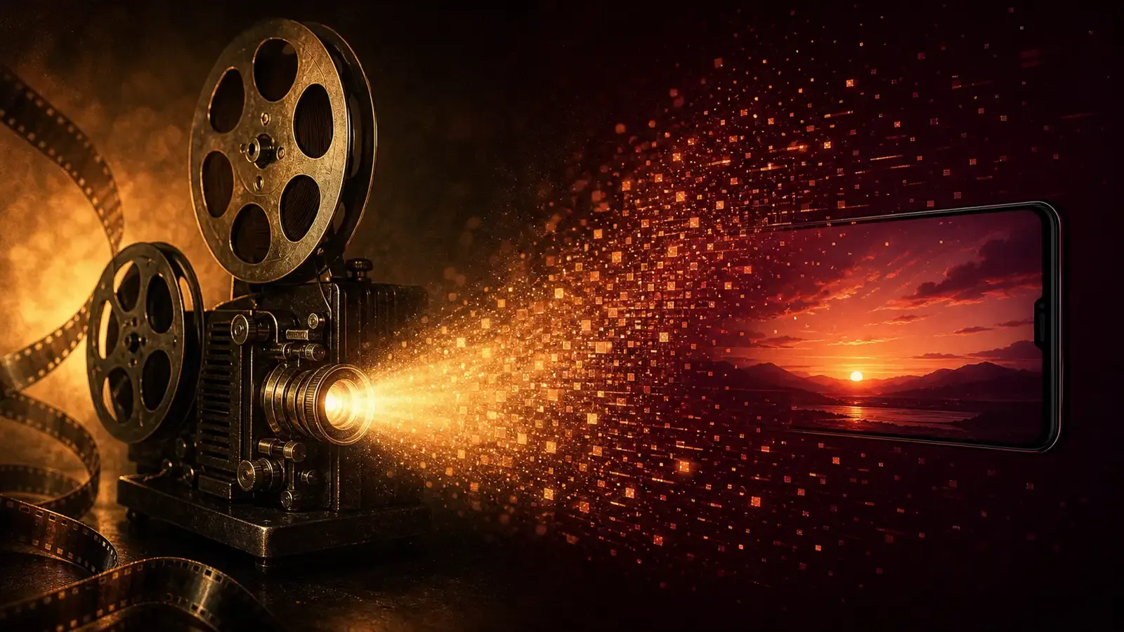 A split composition showing a classic film projector on the left and a smartphone screen glowing with a YouTube-style play button on the right, connected by film strip that transforms from celluloid to digital pixels, dark cinematic background with warm gold and cool blue light