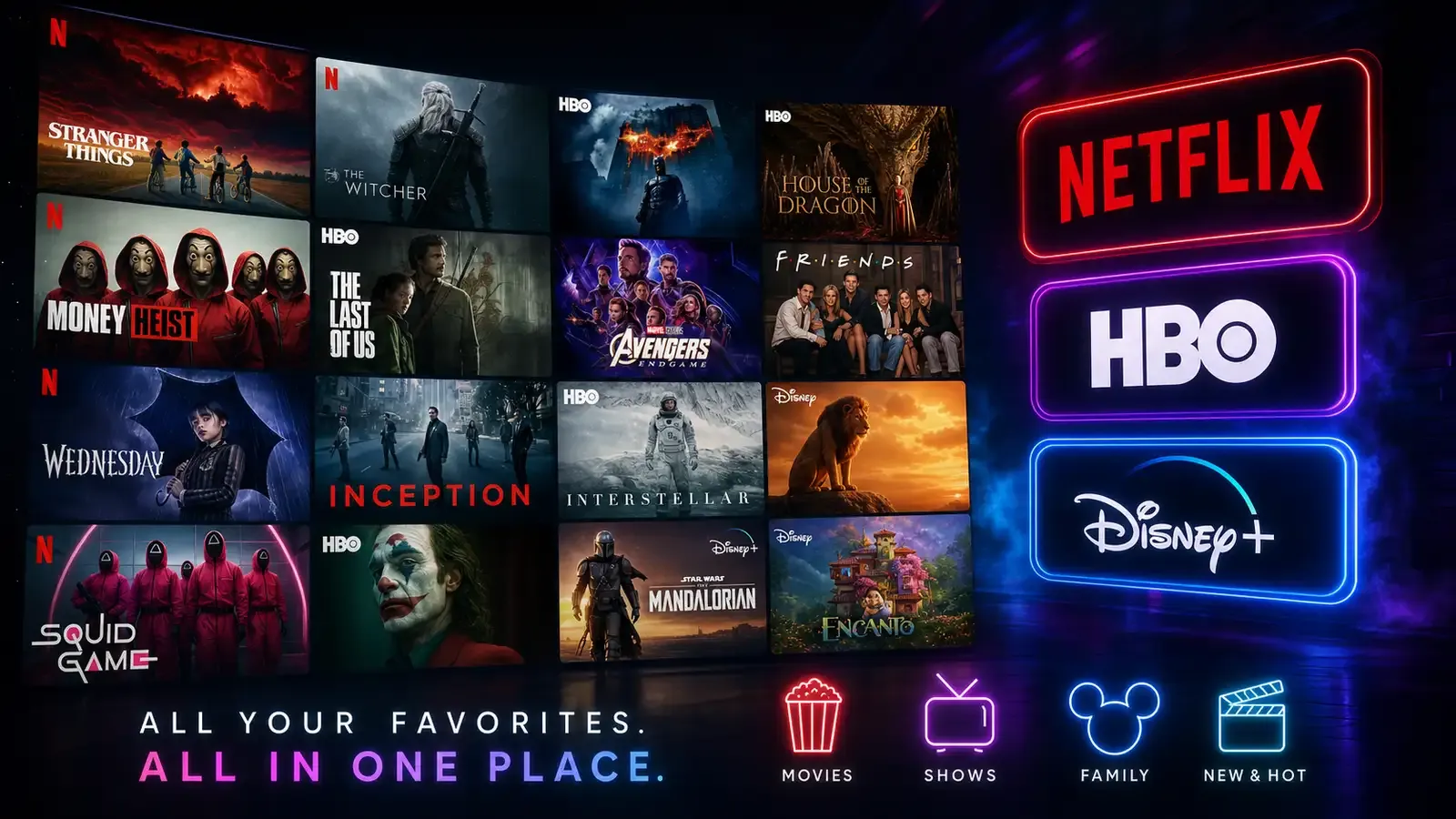 Streaming service logos arranged on a dark background with April 2026 calendar overlay