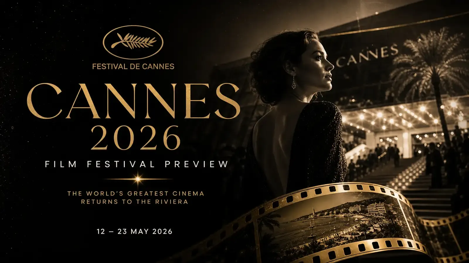 Cannes Croisette at sunset, Palais des Festivals with red carpet being prepared