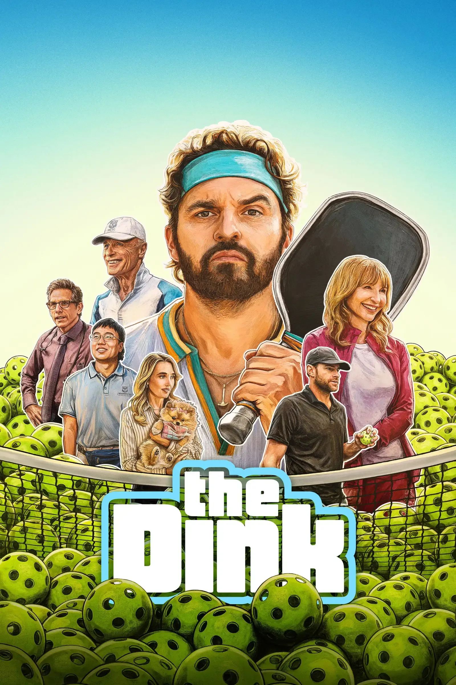 Jake Johnson as Dusty Boyd holding a pickleball paddle on a sunlit court, looking skeptical, with Ben Stiller in a doctor's coat standing behind him