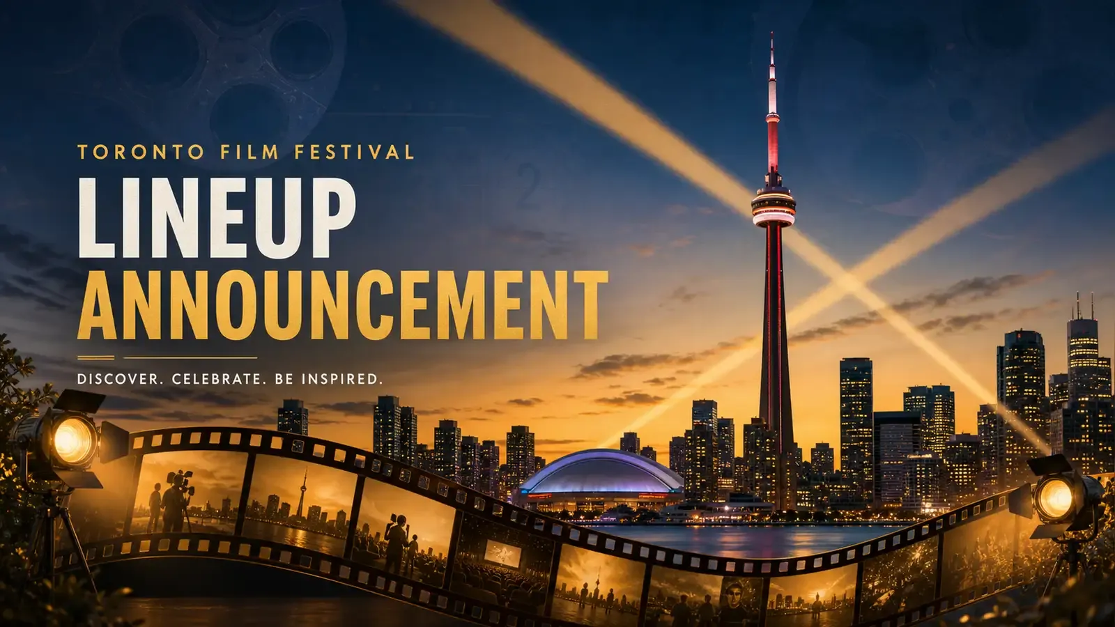 A stylized illustration of the Toronto skyline at dusk with a film strip unfurling across the CN Tower, TIFF 2026 text, and warm golden festival lighting against a deep blue sky.