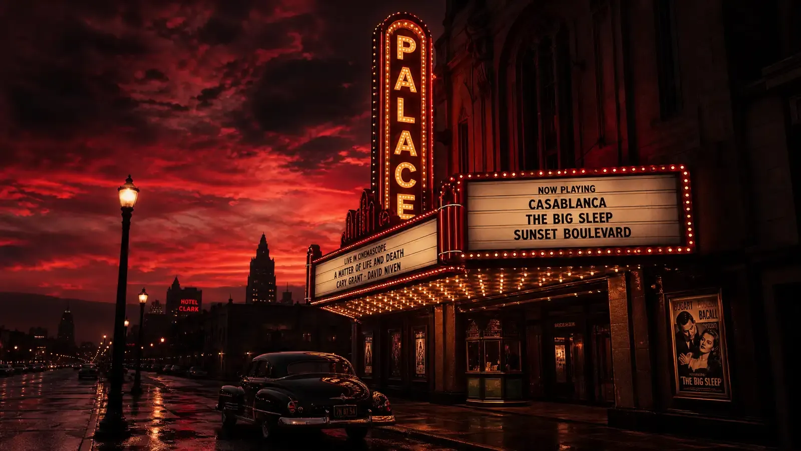 A dramatic split-frame composition showing a grand movie palace interior on the left with red velvet seats and a glowing screen, transitioning on the right to a dim living room with a laptop and scattered streaming remotes, symbolizing the tension between theatrical exclusivity and home viewing in 2026