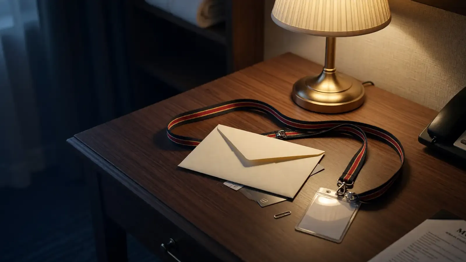 Hotel desk at night with a festival lanyard and a blank envelope, warm lamp, no logos or readable names.