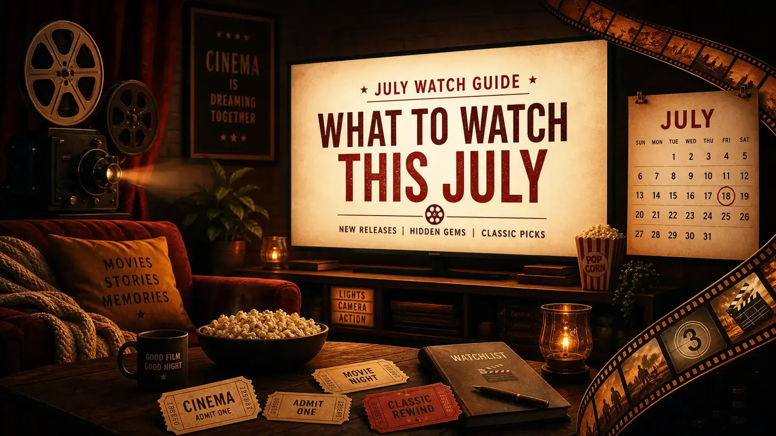A stylized calendar grid with tiny TV screens and film strips on each date, set against a dark background with warm accent lighting suggesting a cozy viewing setup.