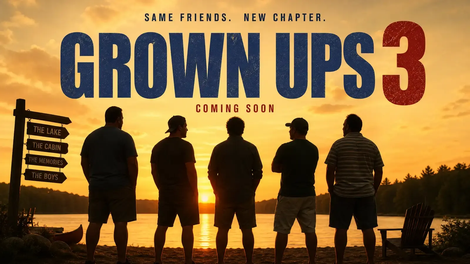 Cast of Grown Ups comedy franchise standing together on a green soccer field