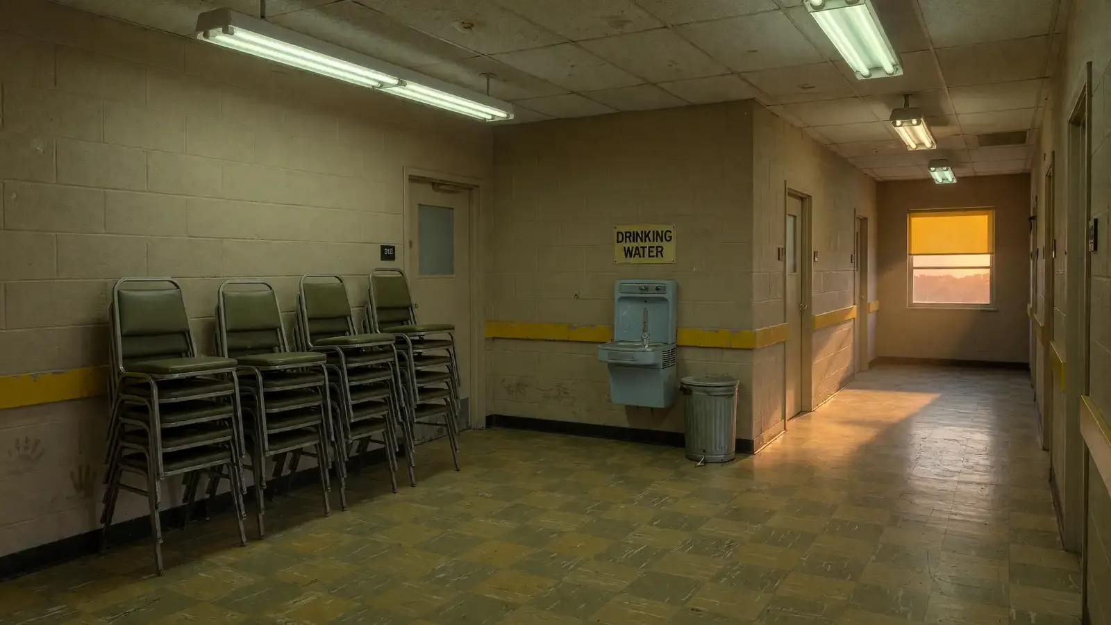 Empty government-office corridor with metal folding chairs stacked against a wall and late-afternoon fluorescent light, no signs or logos.