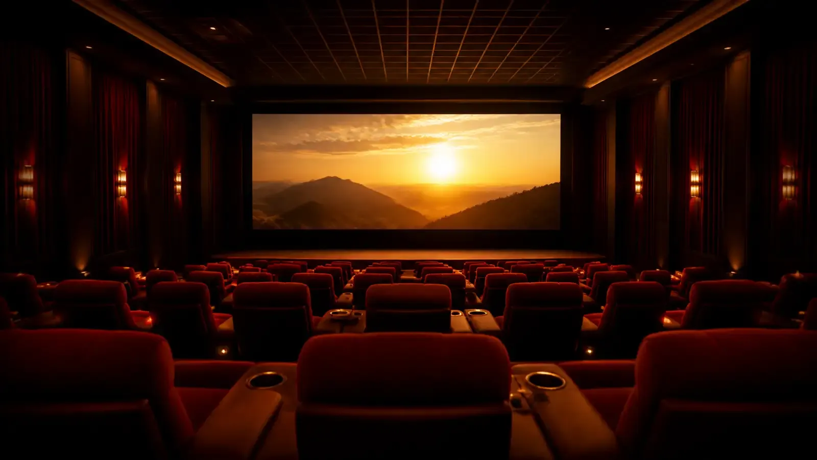 An empty movie theater with rows of red velvet seats and a glowing screen, shot from the back of the auditorium