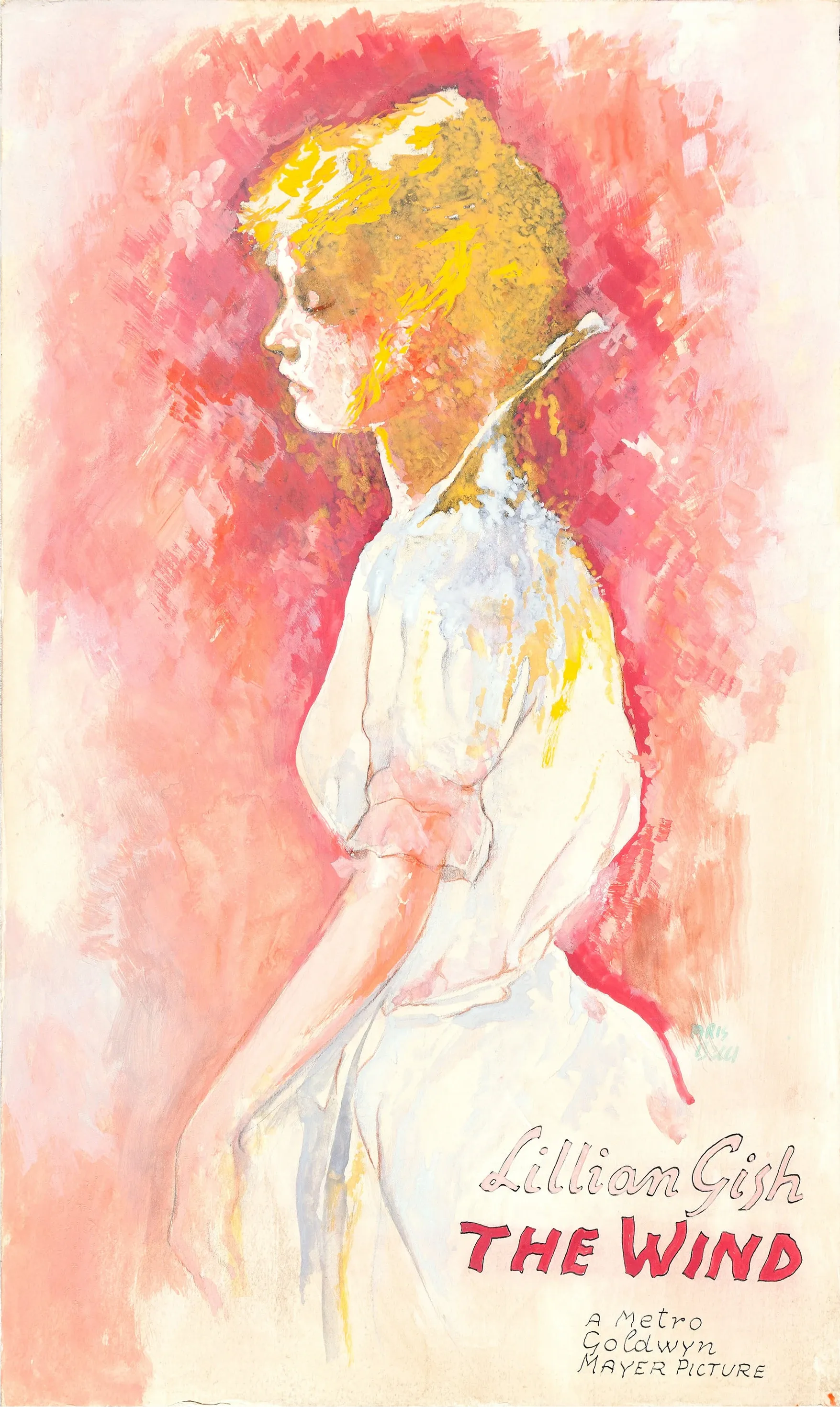 Original 1928 theatrical poster for The Wind featuring Lillian Gish surrounded by storm-blown desert imagery