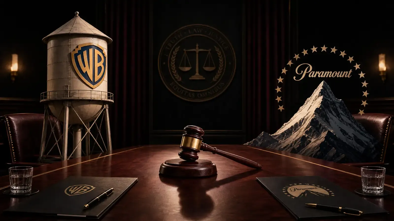 The Warner Bros. water tower and Paramount mountain logo silhouetted against a courtroom-like backdrop with a gavel in the foreground