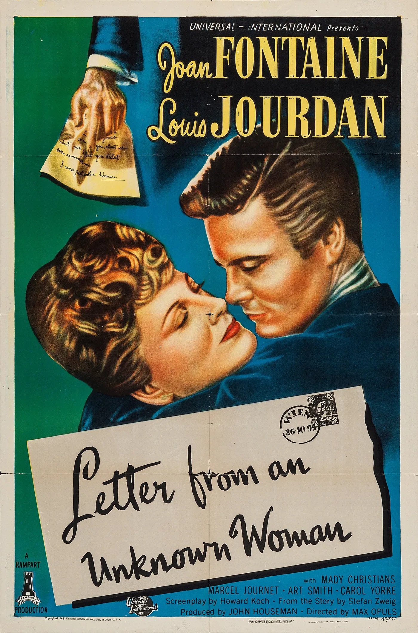 Original 1948 theatrical poster for Letter from an Unknown Woman featuring Joan Fontaine and Louis Jourdan
