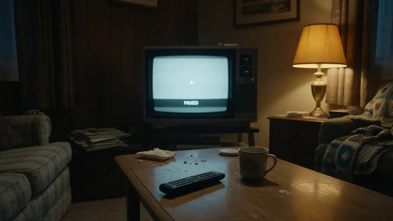 Living room TV on a blank pause screen, remote on the coffee table, late evening lamp, no logos or readable titles.