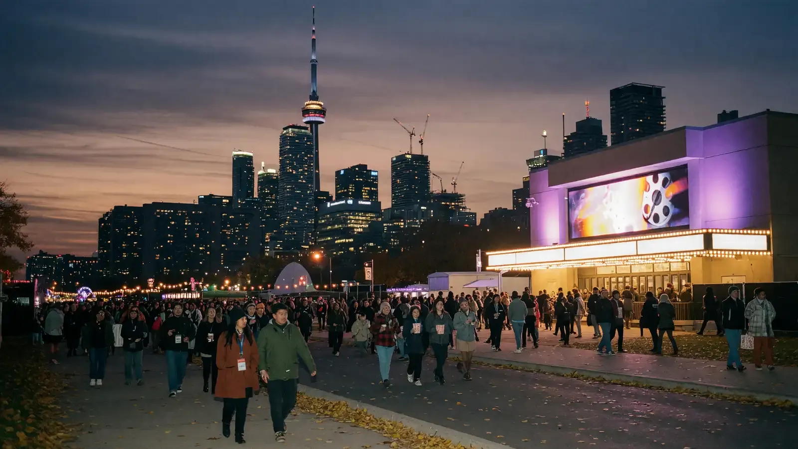 Toronto skyline at dusk with festival crowds walking toward a lit movie venue.