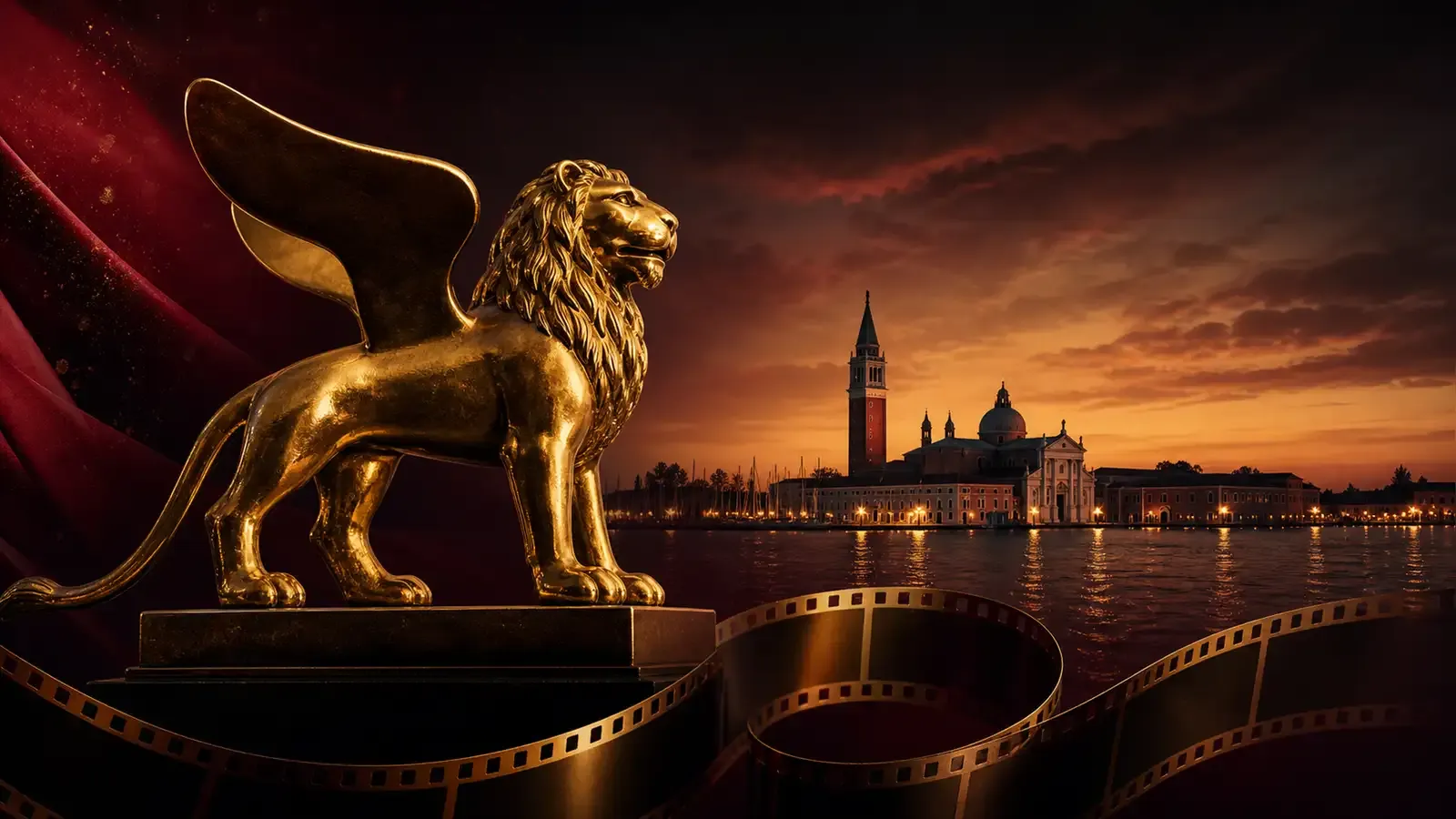 Venice Film Festival 2026 lineup preview illustration showing the Golden Lion statue against the Venice Lido waterfront with film reel elements