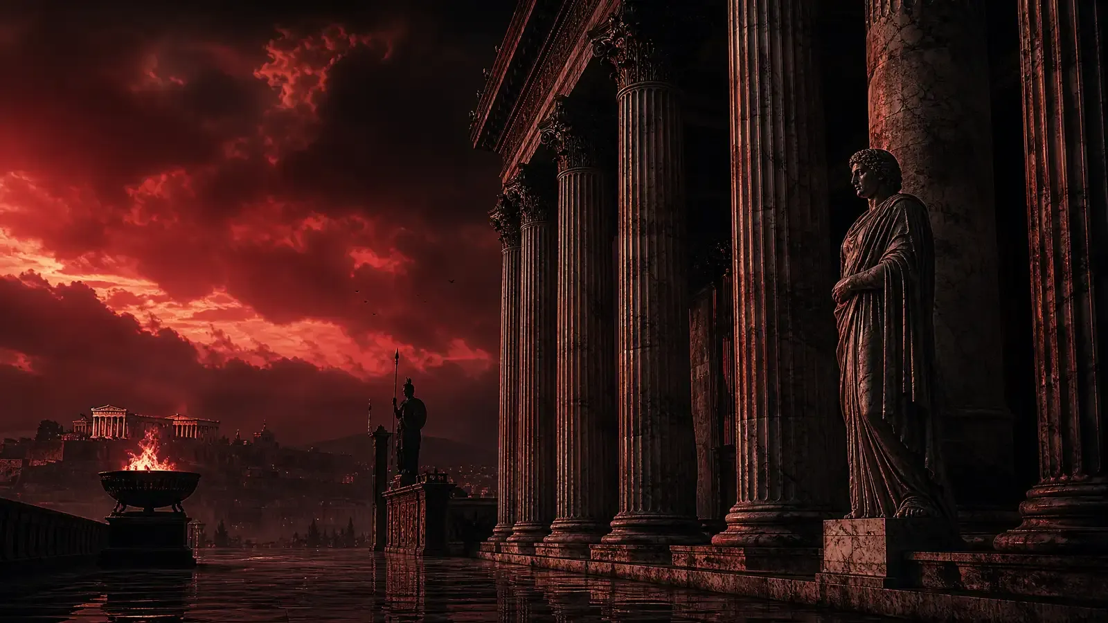 A dramatic still from Christopher Nolan's The Odyssey showing Odysseus at sea, rendered in cinematic IMAX proportions with warm golden tones against a dark ocean backdrop