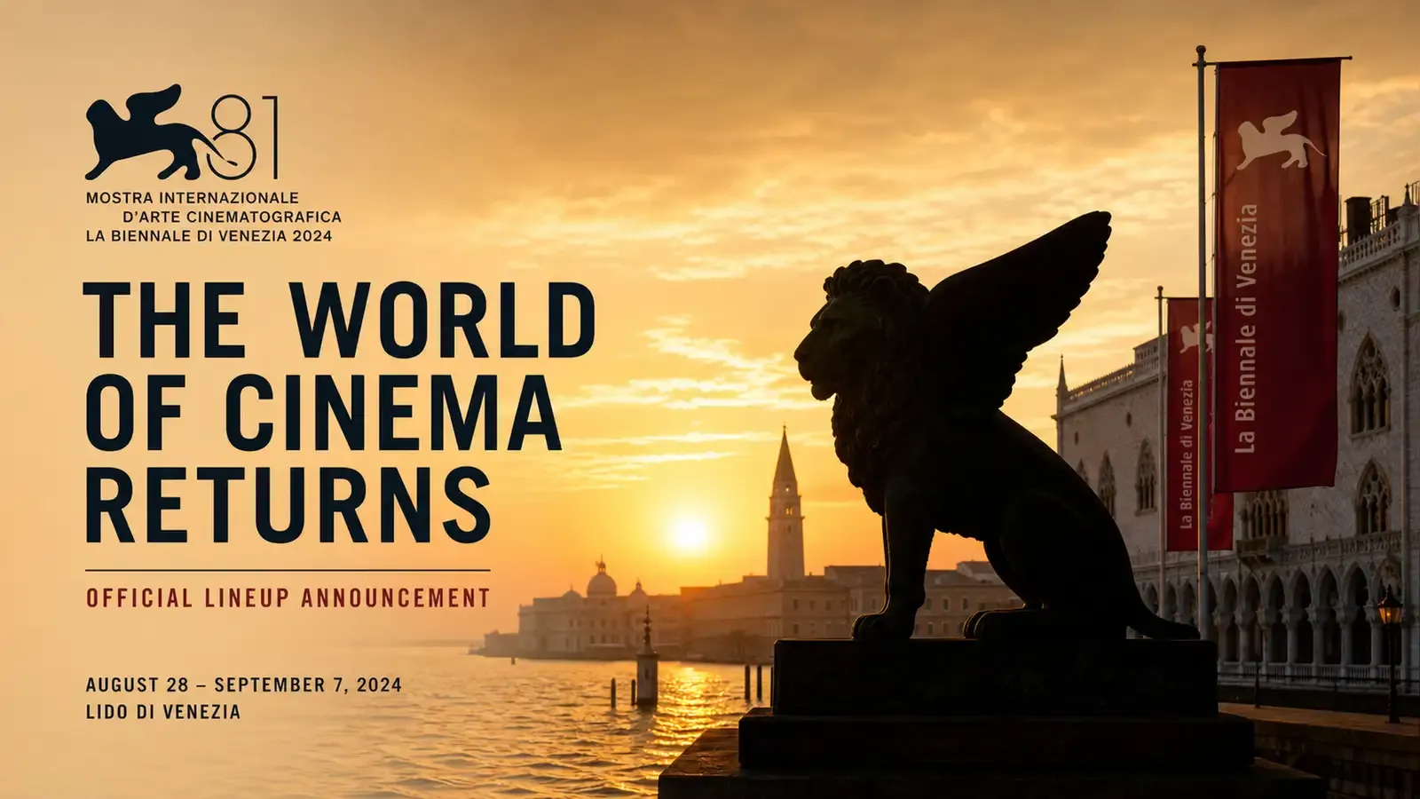 The Venice Film Festival lion statue silhouetted against a golden evening sky over the Lido waterfront, with festival banners visible in the distance
