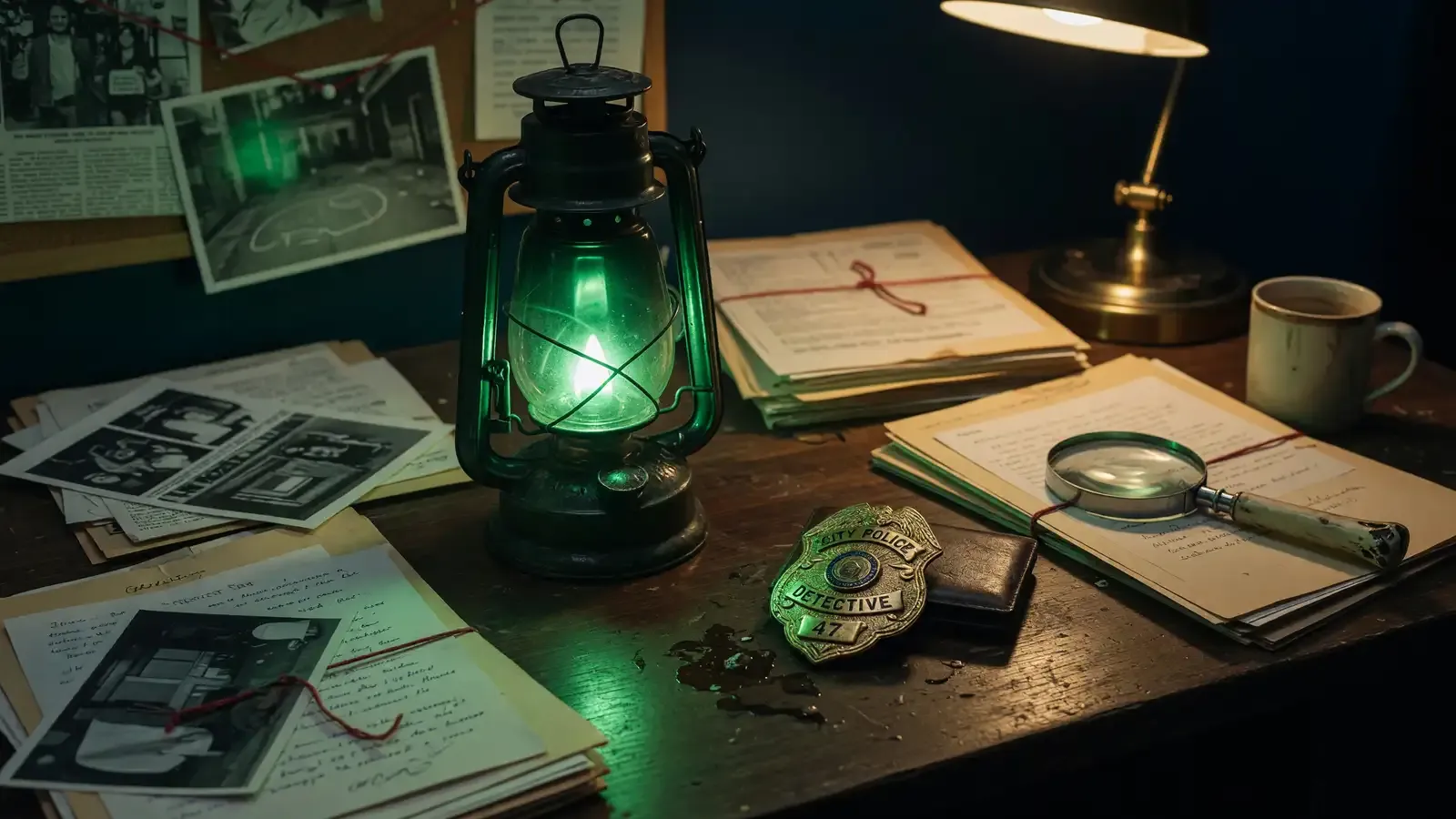 A green lantern glowing on a wooden desk beside a vintage detective badge and case files.