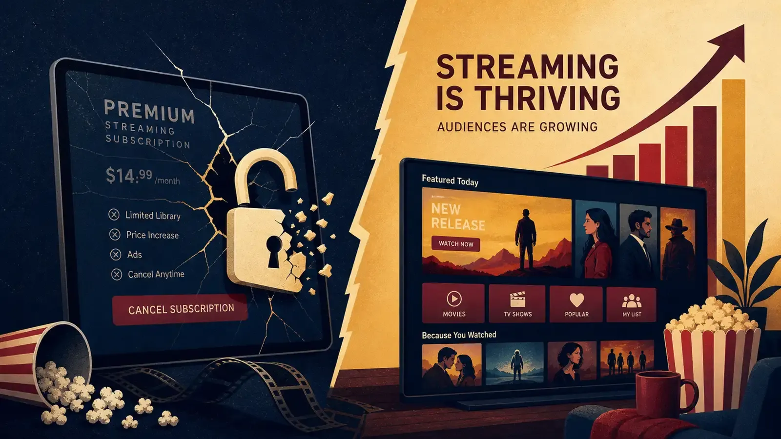 A split-screen editorial illustration: on one side, a premium Disney+ login screen with a lock icon cracking open; on the other side, a colorful YouTube and Tubi interface with a growing viewership chart. Clean vector style with deep blue and warm gold accents.