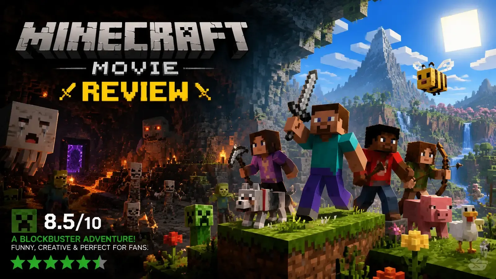 Jack Black as Steve in the Overworld, blocky landscape with creepers in the distance