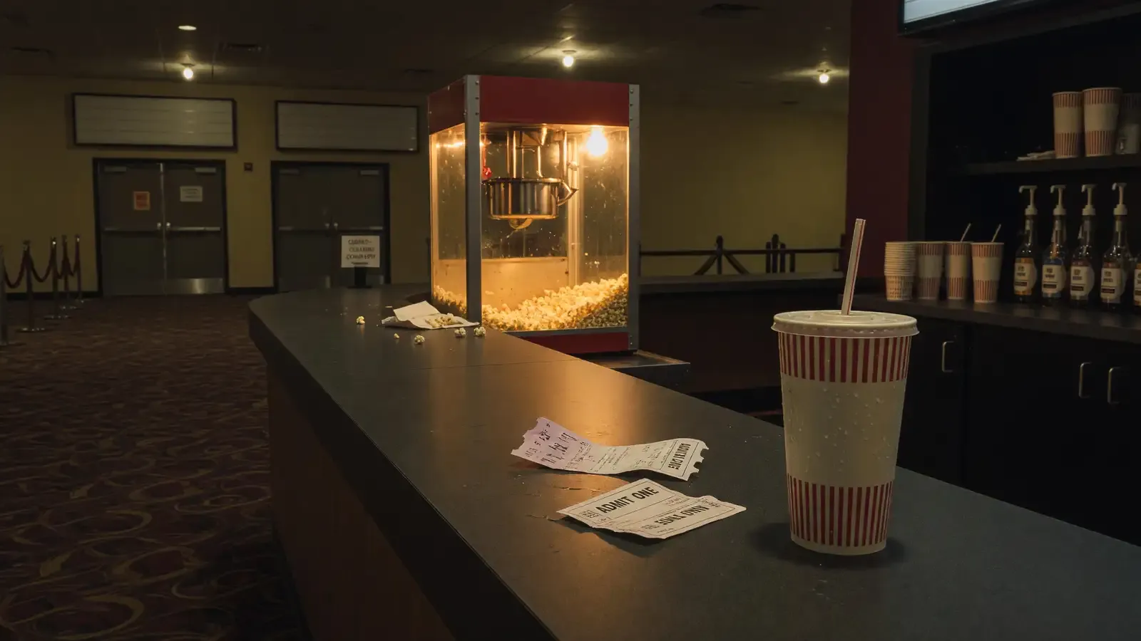 Empty multiplex lobby at night with two unmarked ticket stubs on the counter, warm popcorn light, no titles or logos.