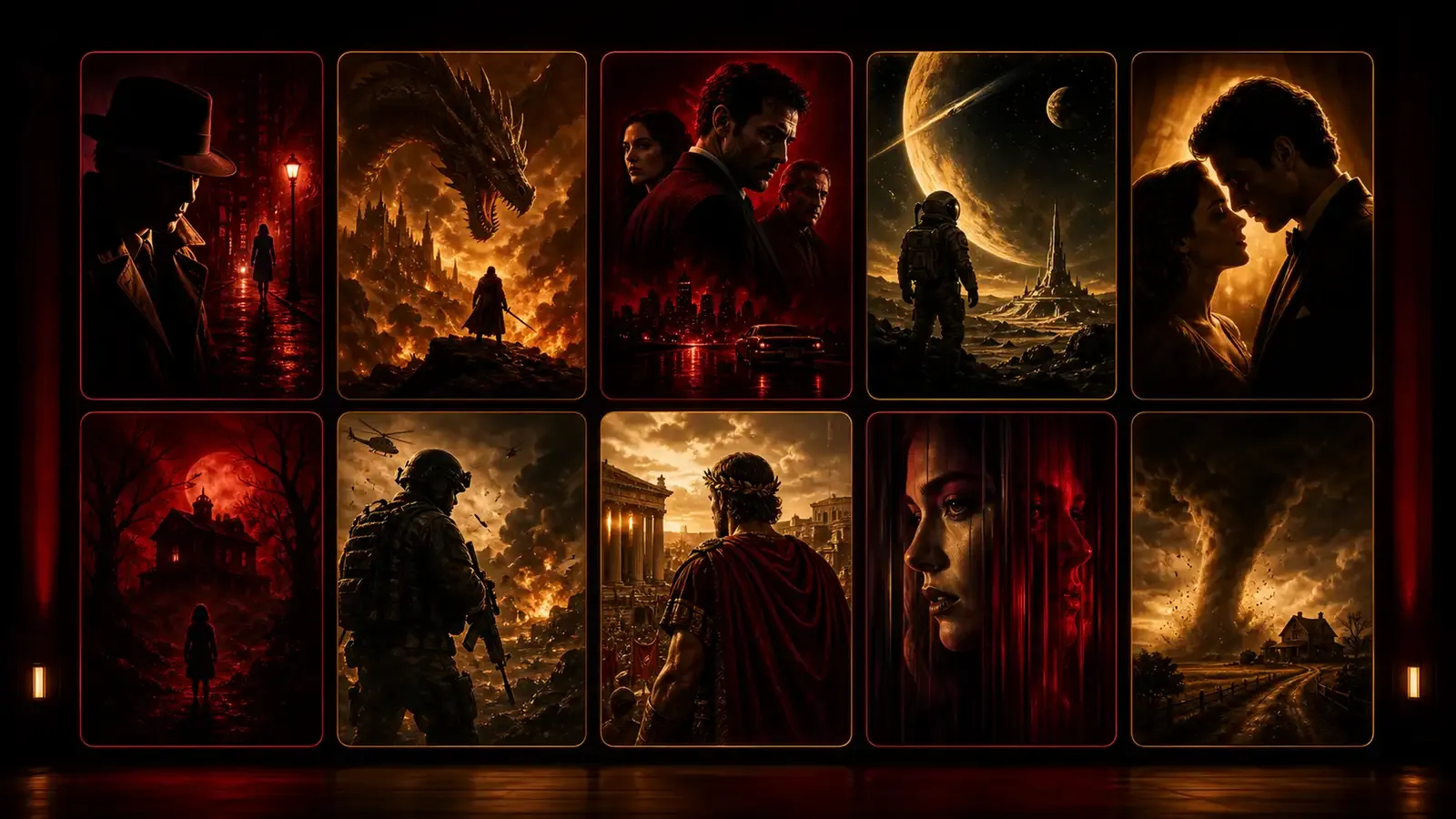 A grid of ten streaming title cards with different genre color accents against a dark theater background, cinematic red and gold tones