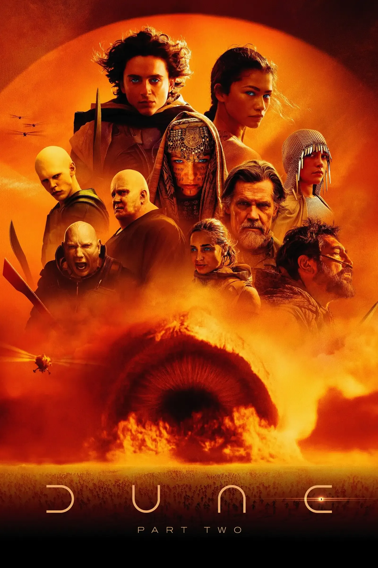 A dramatic split composition showing Timothée Chalamet as Emperor Paul Atreides in ornate golden armor on the left, with a swirling desert sandstorm and the silhouettes of Fremen warriors on the right, against a deep orange and black backdrop evoking the epic scale of Dune: Part Three