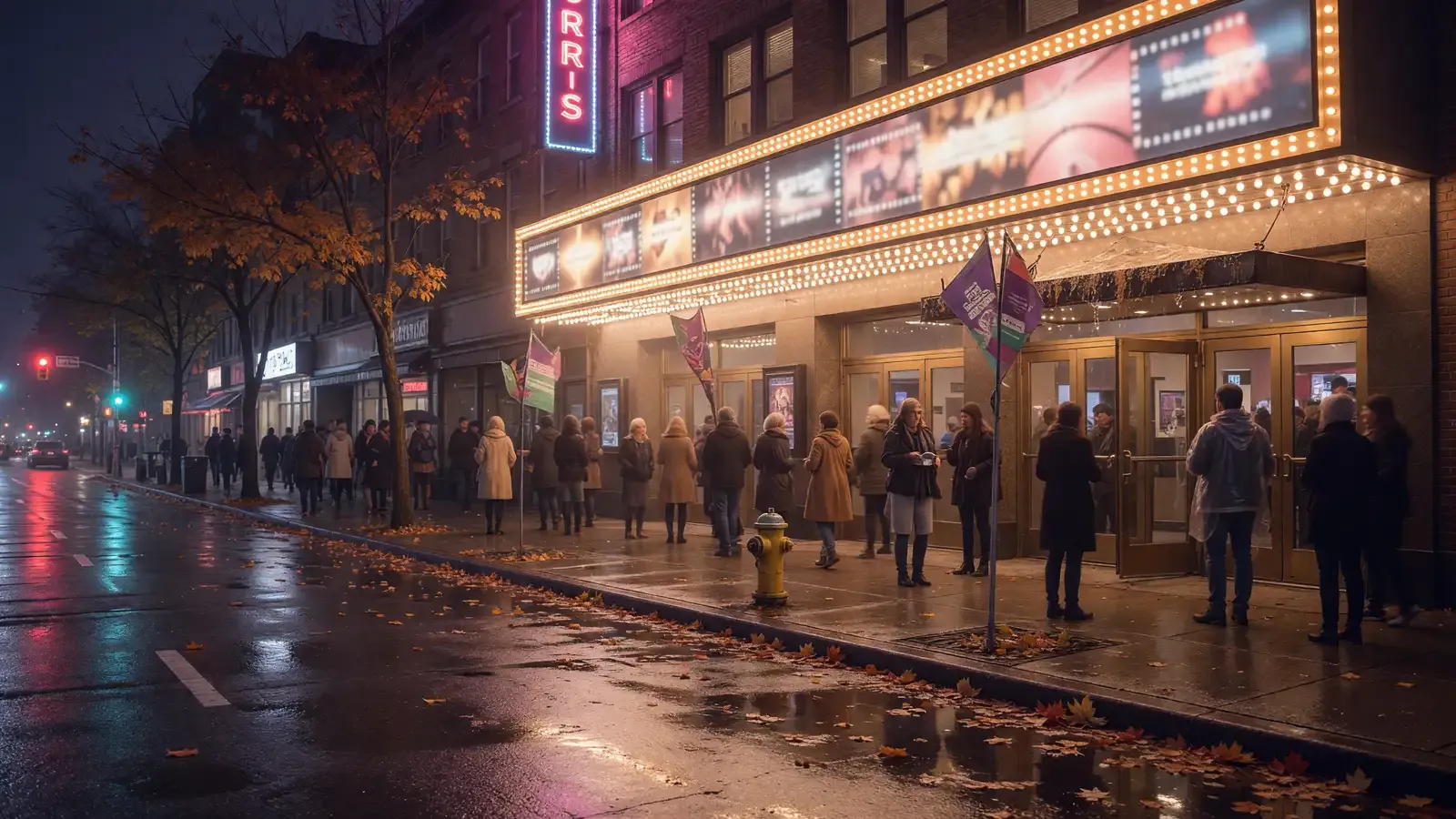 Night street outside a festival cinema with wet pavement and blurred marquee lights, no readable titles or logos.